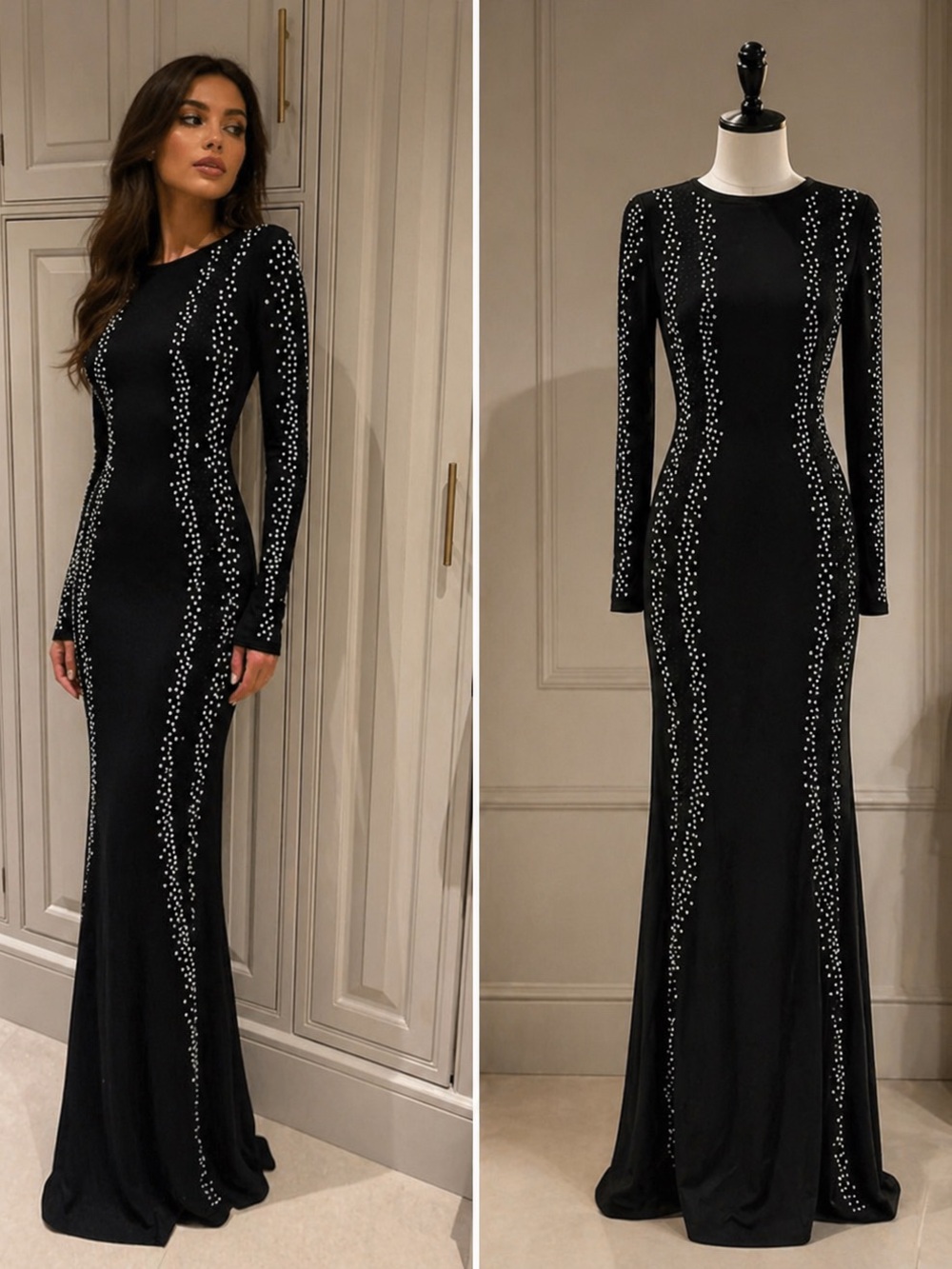Faeriesty Elegant Black Long-Sleeve Maxi Dress with Embellished Detailing